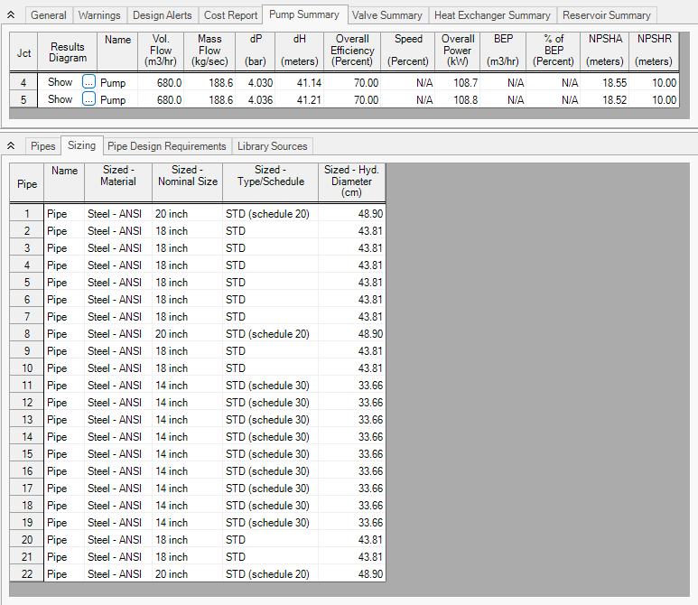 The Pump Summary tab and the Pipe Sizing tab in the Output window.